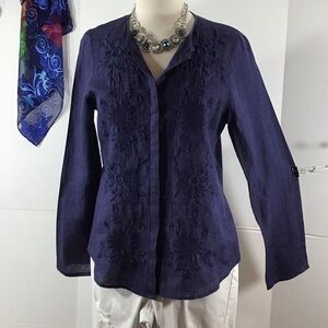 Gorsuch navy blue linen embroidered button up shirt 8